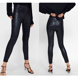 Zara Snakeskin Python Liquid Foiled Pull On Pants Leggings Black Size XS